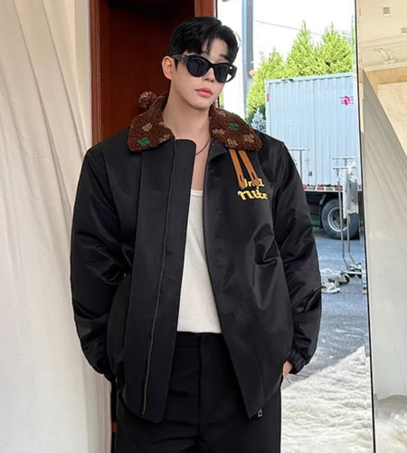 Fashion Men's Padded Jackets Printed Colour Turn-down Collar Letter Contrast Color Male Cotton Tops Niche Coats 9C8836