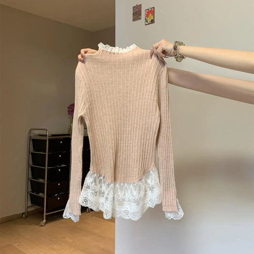 Load image into Gallery viewer, Retro Korean Version Women Sweet Solid Patchwork Lace Elegant Knitted Half High Neck Sweater Autumn Winter Slim Pullovers Tops
