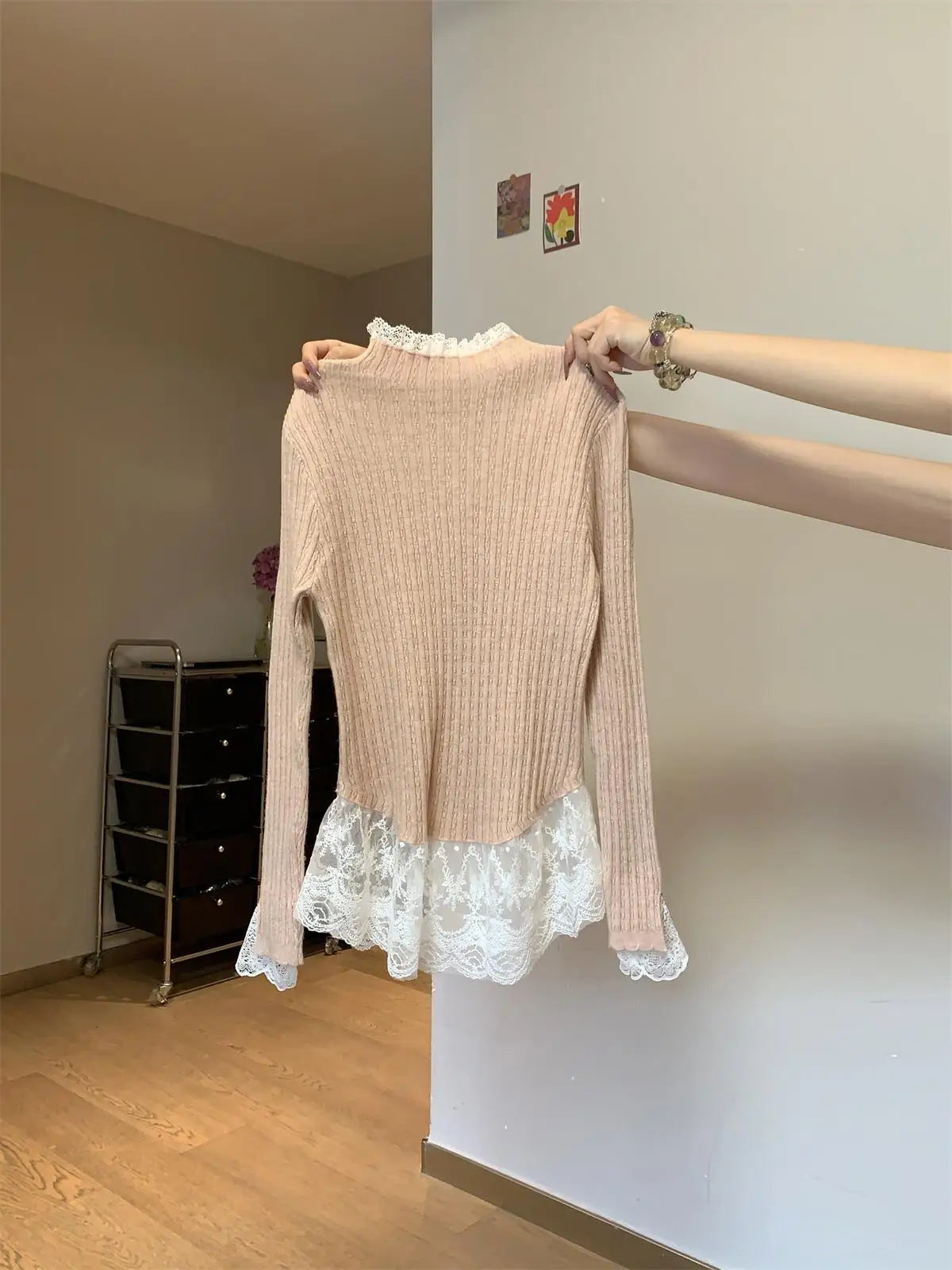 Retro Korean Version Women Sweet Solid Patchwork Lace Elegant Knitted Half High Neck Sweater Autumn Winter Slim Pullovers Tops