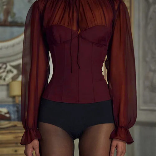 Load image into Gallery viewer, Wine Red Chiffon Long Sleeve Sexy T-shirt Women Fashion Elegant Lace-up Backless High Waist T-shirts Tops Loose Tees
