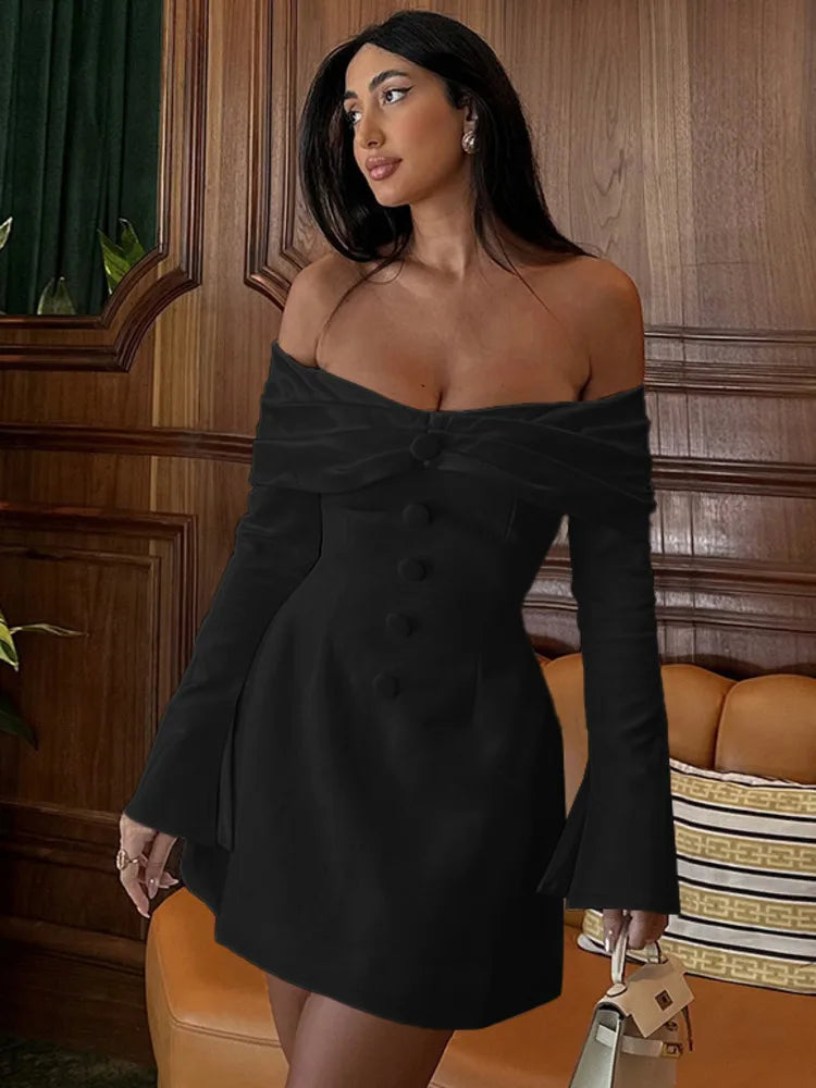 Fashion Long Sleeve Button Bodycon Women Dress 2024 Autumn New Skirt Sexy Slim One Shoulder Party Club Evening Dress