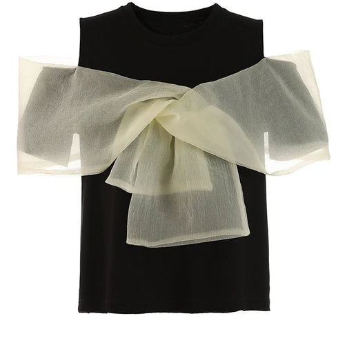 Load image into Gallery viewer, Women pink Color Mesh Bow Off Shoulder Elegant T-shirt New Round Neck Short Sleeve Fashion Tide Spring Summer 2025 1DF8193
