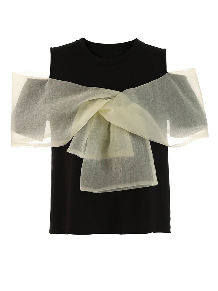Women pink Color Mesh Bow Off Shoulder Elegant T-shirt New Round Neck Short Sleeve Fashion Tide Spring Summer 2025 1DF8193