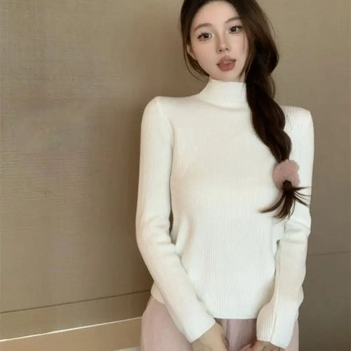 Load image into Gallery viewer, Solid Warm Elegant Fashion Half Turtleneck Sweater Women 2023 Autumn Winter Vintage Basic Long Sleeve Plush Pullover Tops Simple

