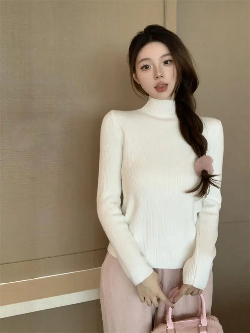 Solid Warm Elegant Fashion Half Turtleneck Sweater Women 2023 Autumn Winter Vintage Basic Long Sleeve Plush Pullover Tops Simple