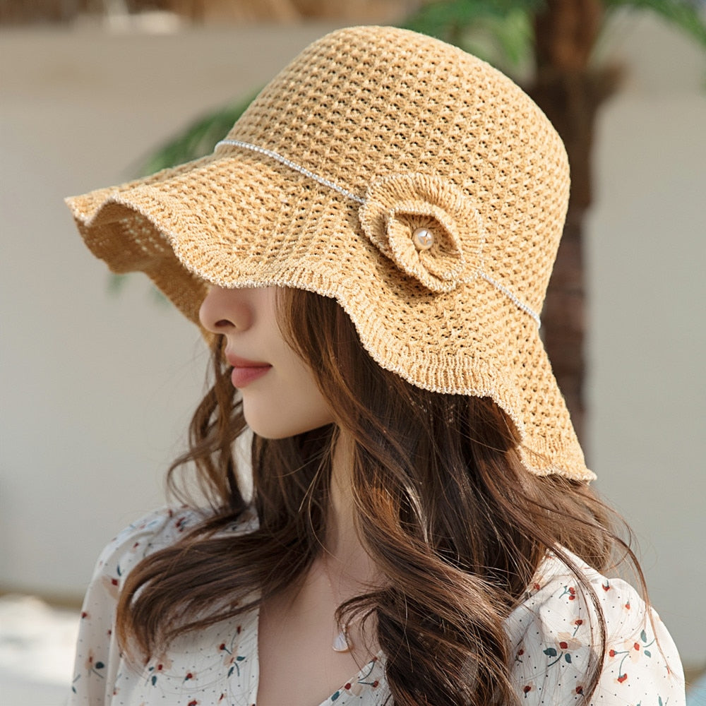 Summer Hats For Women Fashion Hollow Straw Hat  Flowers Design Sun Hat Travel Beach Sun Cap
