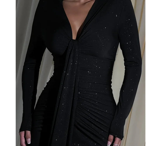 Load image into Gallery viewer, Elegant Long Sleeved Lace Up Pleated Evening Dress For Women Vneck Bodycon Elastic Maxi Dress Female Party Club Vestidos
