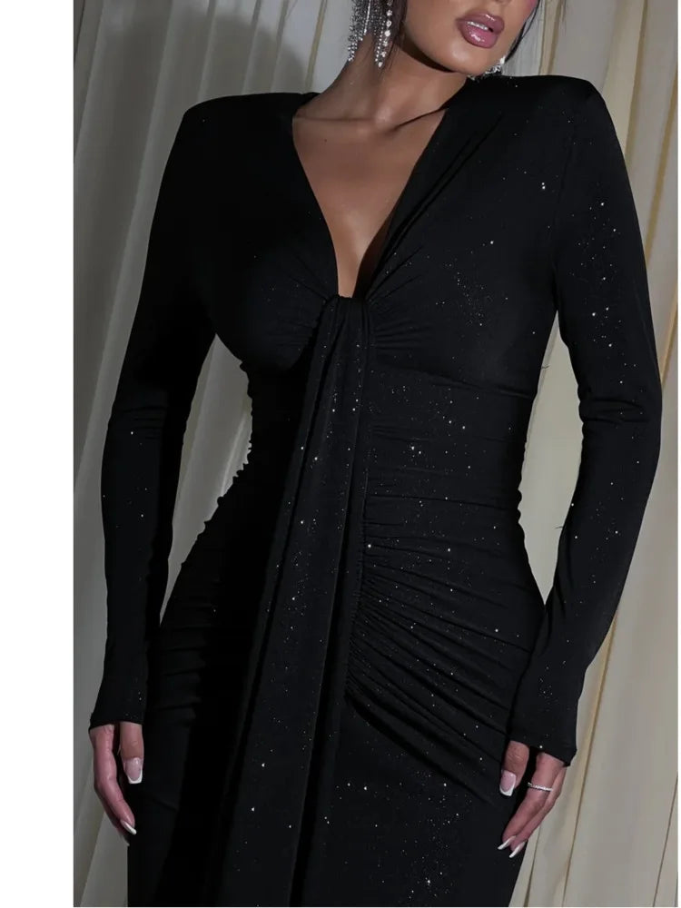 Elegant Long Sleeved Lace Up Pleated Evening Dress For Women Vneck Bodycon Elastic Maxi Dress Female Party Club Vestidos