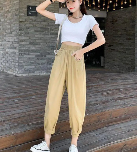 Korean Clothes Women Black High Waist Versatile Pleated Pants Khaki Baggy Oversized Size Ankle-length Haren Trousers Streetwear