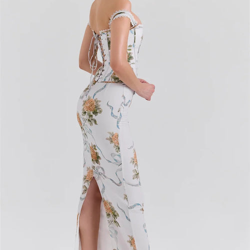 Load image into Gallery viewer, Vintage Print Sexy Maxi Dress Women Gown Summer Off-shoulder Sleeveless Backless Bodycon Club Party Long Dress Elegant
