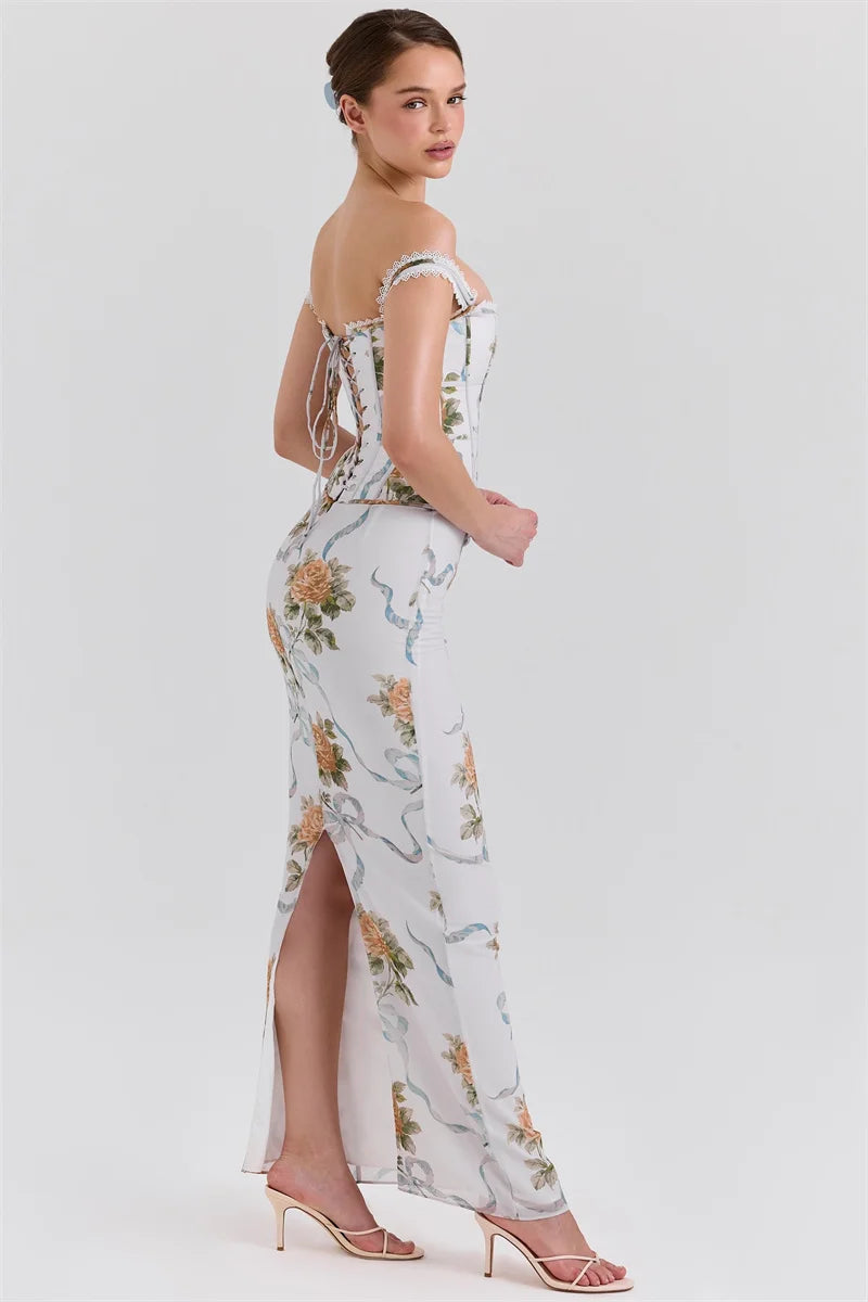 Vintage Print Sexy Maxi Dress Women Gown Summer Off-shoulder Sleeveless Backless Bodycon Club Party Long Dress Elegant