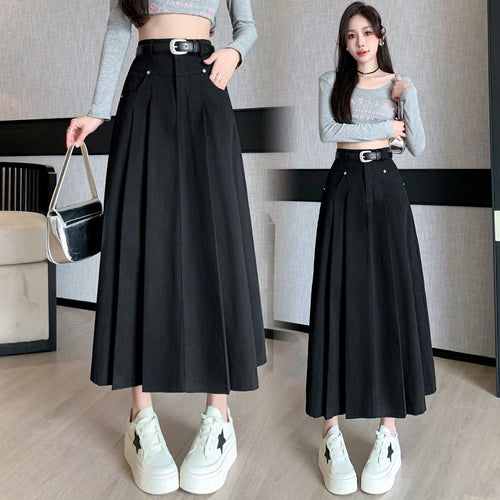 Load image into Gallery viewer, Black Beige Denim Long Skirt For Women 2024 Spring Summer New Brown High Waist Pleated A-line Umbrella Jean Skirts Office Lady
