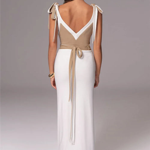 Load image into Gallery viewer, Patchwork Backless Sexy Maxi Dress  Women Fashion Spaghetti Strap V Neck Sleeveless High Split Sexy Long Dress Elegant
