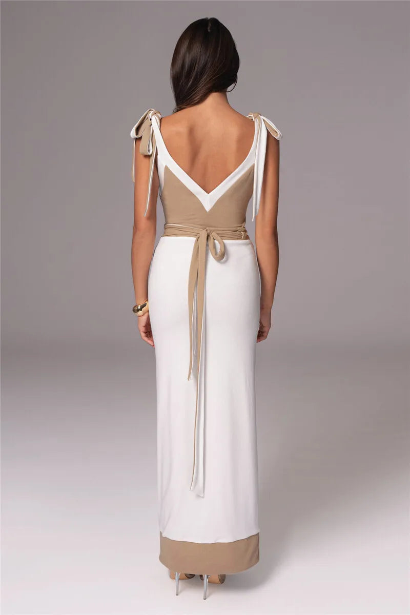 Patchwork Backless Sexy Maxi Dress  Women Fashion Spaghetti Strap V Neck Sleeveless High Split Sexy Long Dress Elegant