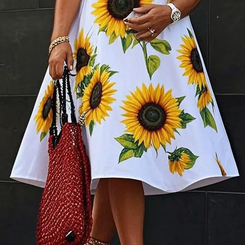 Load image into Gallery viewer, Qomen&#39;s Leisure Fashion Sunflower Print Midi Dresses 2025 Summer Appliques Loose V-Neck Pleated A-line Dress for Woman
