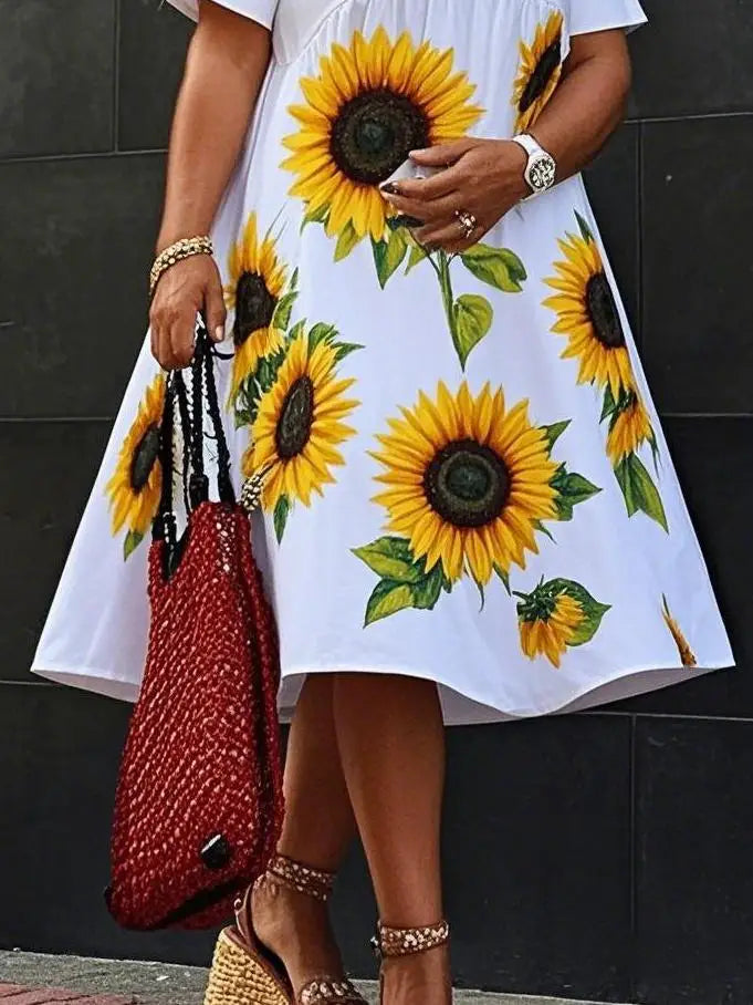 Qomen's Leisure Fashion Sunflower Print Midi Dresses 2025 Summer Appliques Loose V-Neck Pleated A-line Dress for Woman