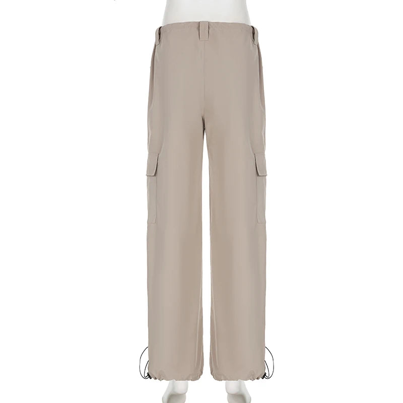 Harajuku Drawstring Cargo Pants Low Waisted Solid Straight Leg Pockets Casual Women's Trousers Shirring Tech Bottoms