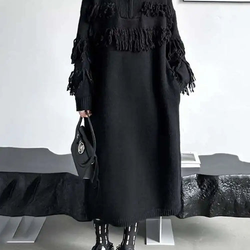 Load image into Gallery viewer, Women Black Tassels Knitting Big Size Midi Dress New Turtleneck Long Sleeve Loose Fit Fashion Spring Autumn 2025 1DH1601
