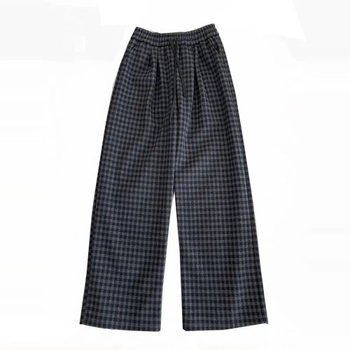 Load image into Gallery viewer, Retro Black Blue Plaid Drawstring Lace-up Thick Wide Leg Pant Winter High Waist Casual Loose Pleated Straight Trousers Street

