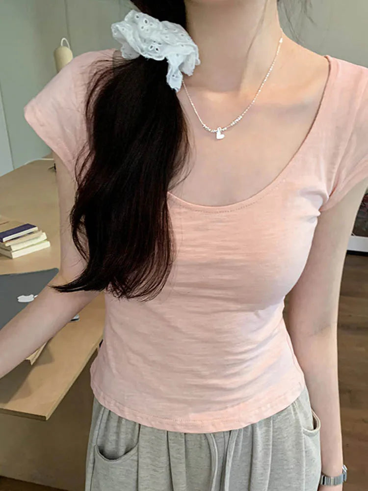 Slim Fit Low round Neck Short Sleeve Pink T-Shirt Spring Summer New Style Fashion Women's Top Thin Material Fly Sleeve Base Shir