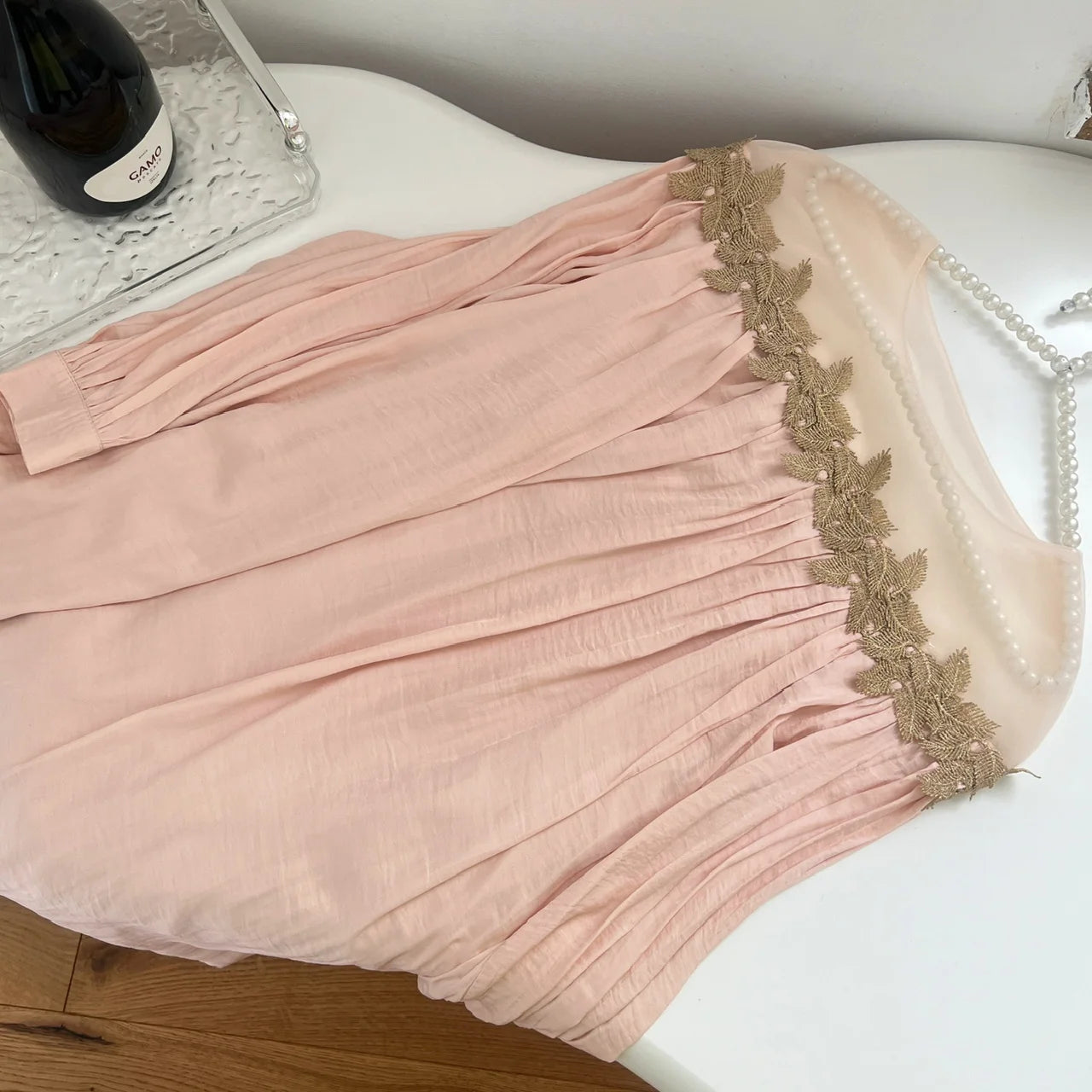 Vintage Women's Elegant Pink Patchwork Mini Dress Autumn French Long Sleeve Round Neck Vacation Pleated Short Dress Popular Chic