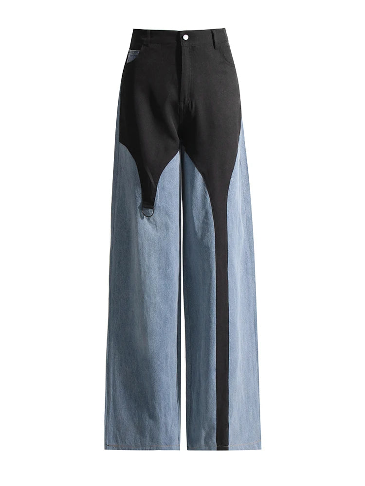 Colorblock Casual Loose Denim Pants For Women High Waist Streetwear Spliced Button Wide Leg Jeans Female Fashion