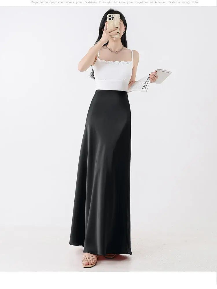 Korean Black Beige A-line Pleated Long Skirt Spring Summer Women 2024 Streetwear Pink High Waist Elegant Wrapped Hip Skirt Trend