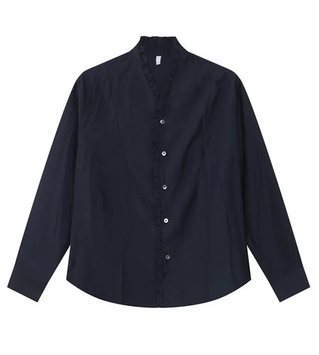 Niche Design Men's Shirts Pleated Lacework Design Solid Color Casual Tops Long Sleeve Single Breasted Loose Menswear 9W1254