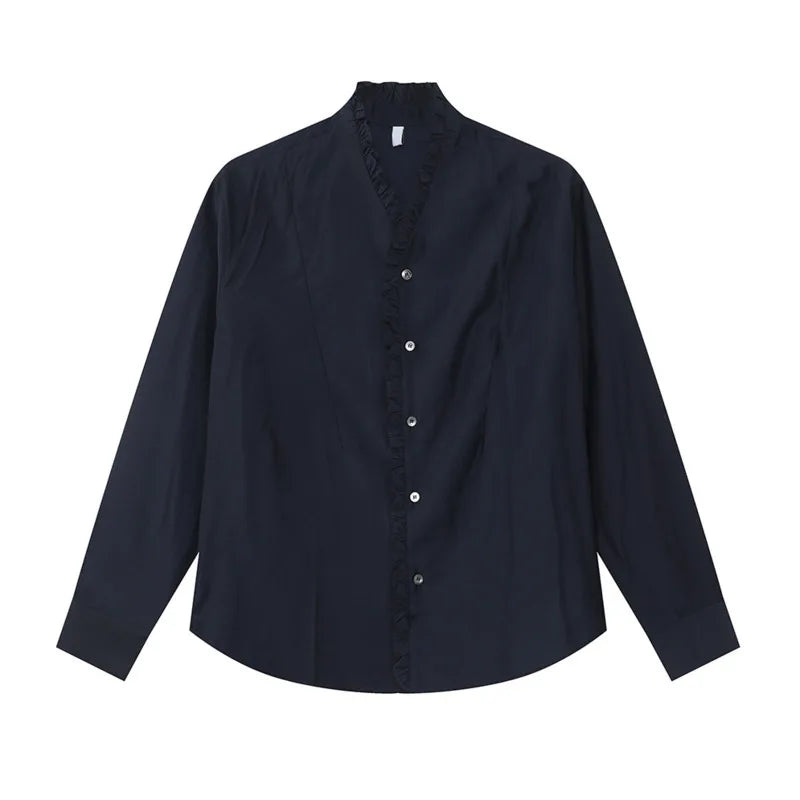 Niche Design Men's Shirts Pleated Lacework Design Solid Color Casual Tops Long Sleeve Single Breasted Loose Menswear 9W1254