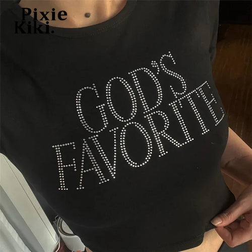 Load image into Gallery viewer, Letter Rhinestone Crop Tops Black Y2k Streetwear Sexy Short Sleeve Tight Tshirts for Women Baby Tee 90s P71-BZ11
