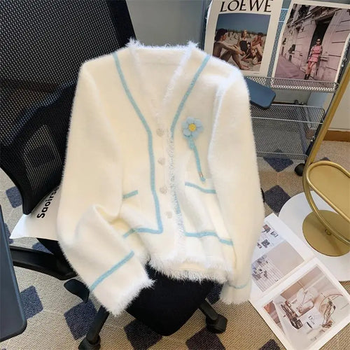 Load image into Gallery viewer, Autumn Winter Pink Blue Patchwork Elegant Button Knit Cardigan Tops Women Korean Fashion V-neck High Street Long Sleeve Sweater
