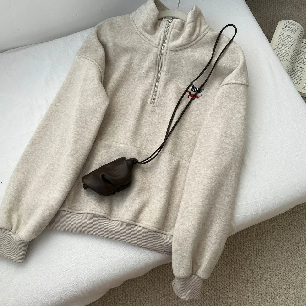 Korean Grey Dog Embroidery Half Zipper Stand Collar Sweatshirt Women 2024 Autumn Winter Beige Loose Pullover Long Sleeved Tops