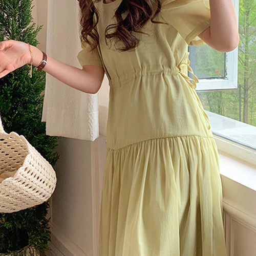 Load image into Gallery viewer, Pure Color Simple O-neck Women&#39;s Dresses Korean Style Drawstring Puff Sleeve Ruffles Summer Elegant Fashion Female Dress
