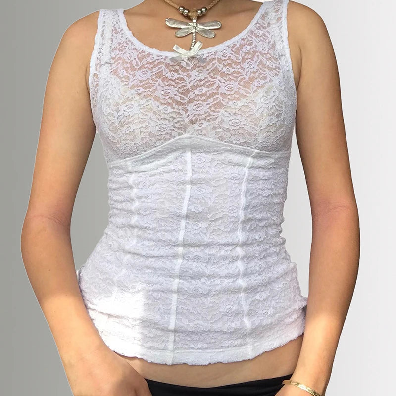 Coquette White Summer Y2K Lace Top Tanks Sleeveless Vest Bow Fashion Cutecore Corset Tops Transparent Chic Party Tees