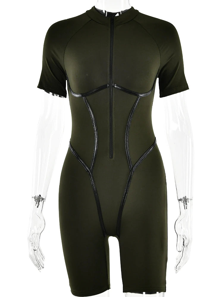 High Strecth Bodycone Jumpsuits For Woman Zipper Slim Fit Short Sleeve Playsuits Sporty Casual Streetwear 2023 New