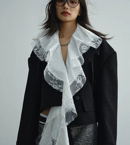 Black Lace Big Size Short Irregular Woolen Coat New Lapel Long Sleeve Women Jacket Fashion Tide Autumn Winter 2025 1DH7518