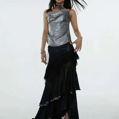 Load image into Gallery viewer, High Waist Black Irregular Mesh Ruffles Elegant Floor-Length Half-body Skirt Women Fashion New Spring Autumn 2025 1DH6274
