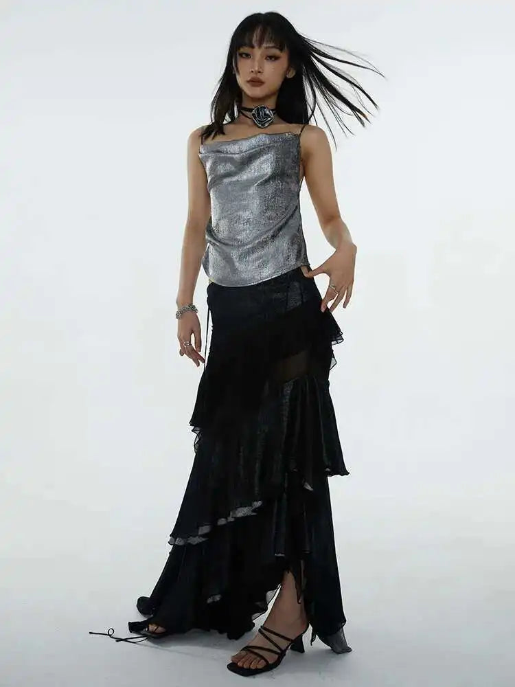 High Waist Black Irregular Mesh Ruffles Elegant Floor-Length Half-body Skirt Women Fashion New Spring Autumn 2025 1DH6274