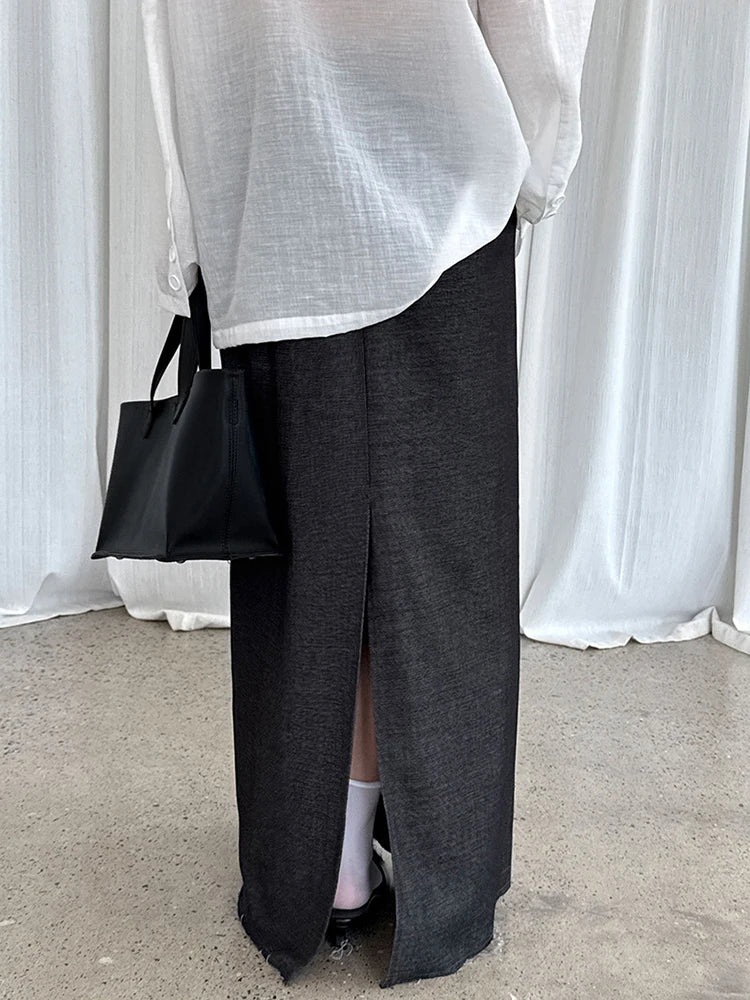 High Elastic Waist Gray Drawstring Back Slit Elegant Half-body Skirt Women Fashion Tide New Spring Autumn 2025 1DJ1372