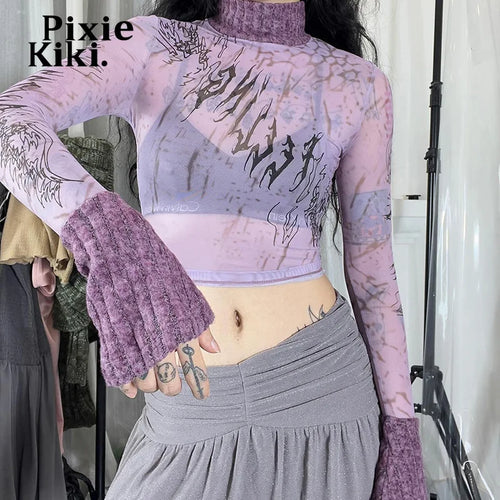 Load image into Gallery viewer, Purple Print Patchwowk Knit Mesh Sheer Crop Top Trashy Y2k 2000s Tshirt Long Sleeve Trendy Clothes for Woman P85-BC12
