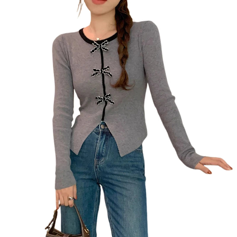 y2k Crop Top Women Fairycore Clothing Round Neck Long Sleeve T Shirt with Bow Decor 2000s Aesthetic Clothes Streetwear