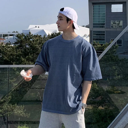 Korean Style Male Tees Casual Worn-out Washing Round Neck T-shirts Short Sleeve Loose Men's Tee Chic 9C6422