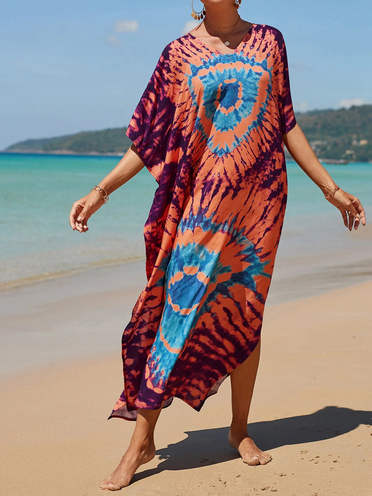 Colorful Kaftan Tunic Beach Cover Up Cover-ups Beach Dress Beach Wear Beachwear Loose Maxi Dress Female Women V4428