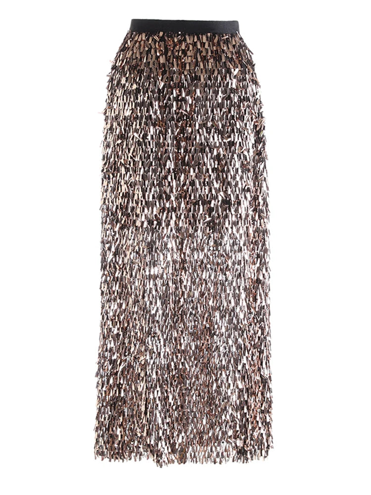 High Elastic Waist Khaki Sequins Shining Elegant Long Party Half-body Skirt Women Fashion New Spring Autumn 2025  1DJ1076