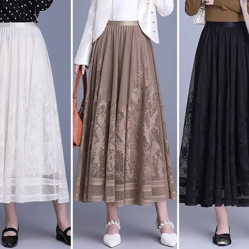 Load image into Gallery viewer, Spring Summer Women Vintage Black White Lace Elegant Long Skirts French Fashion Brown High Waist Vacation Pleated Skirt Popular
