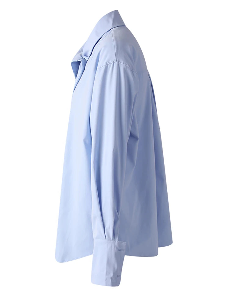 Women Blue Irregular Tie Big Size Elegant Blouse New Lapel Long Sleeve Shirt Fashion Tide Spring Autumn 2025 CPG3075