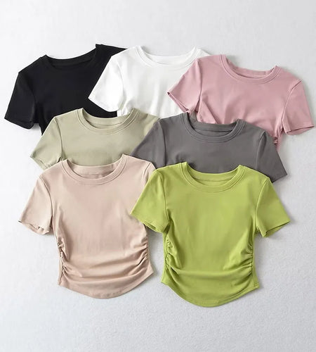 2024 Harajuku Women Crew Neck Short Sleeve Cotton Tee With Ruched Sides Detail T-shirts