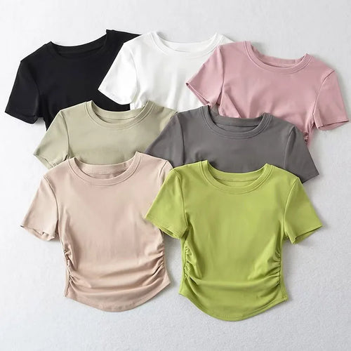 Load image into Gallery viewer, 2024 Harajuku Women Crew Neck Short Sleeve Cotton Tee With Ruched Sides Detail T-shirts
