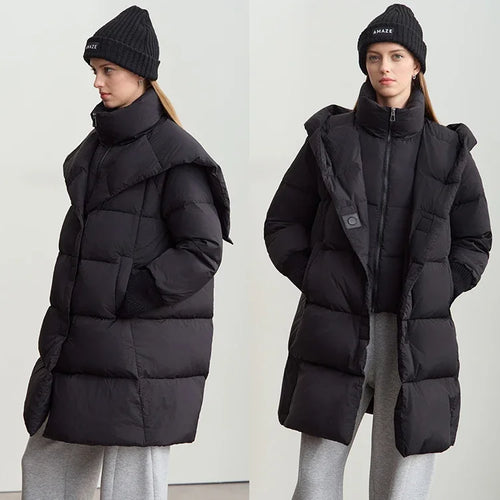 Winter Warm New Women Down Jacket Cuffs Magnetic Buckle Zipper Hooded Fake Two-piece Thick Loose Long Coats 12444104