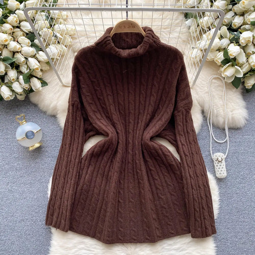 Load image into Gallery viewer, Autumn Winter Women's Solid Elegant High-neck Knitting Sweater Female Loose Thick Warm Long Sleeves Simple Crochet Pullover Tops
